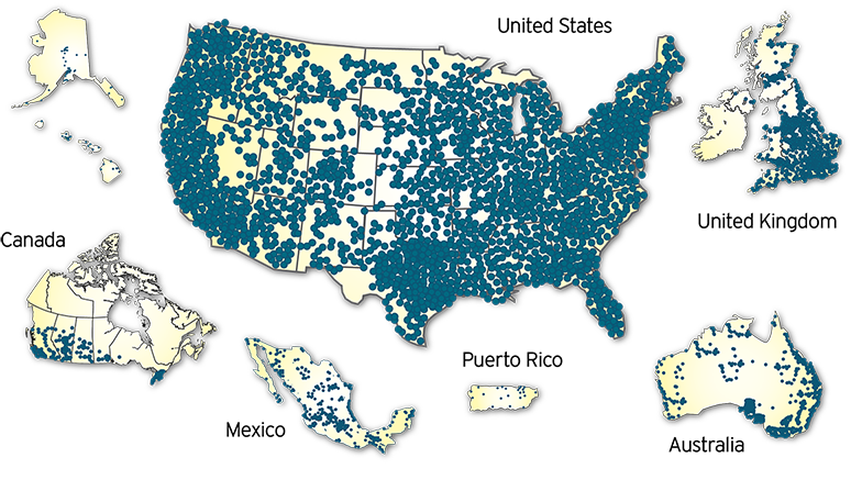 A map showing all of the surcharge-free ATMs available to Severn Savings Bank customers through the Allpoint Network.