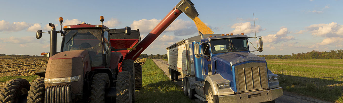 tractor pouring field corn into tractor trailer